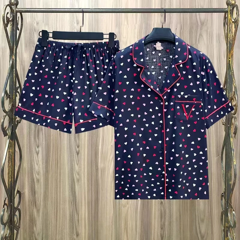 Pajamas for Women Victorian Era Summer Love Print cotton Pajama Sets for Women Cute Shorts Cardigan Women's Pajamas Sleepwear