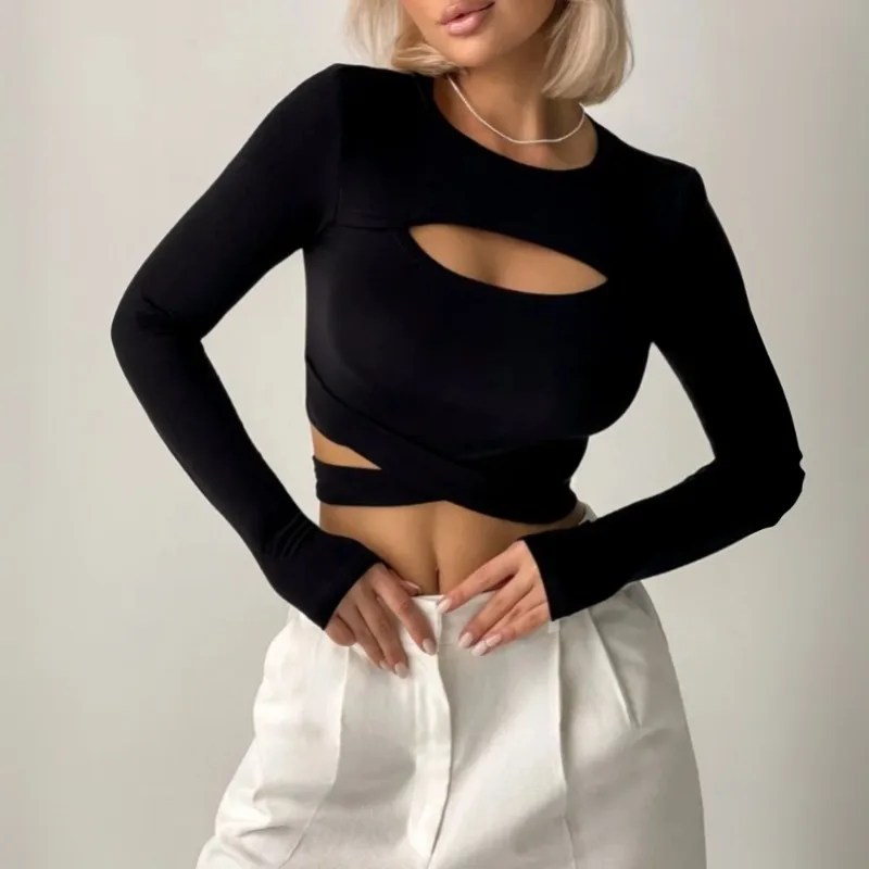 Women Black Long Sleeve Crop Top Autumn Hollow Out Bandage