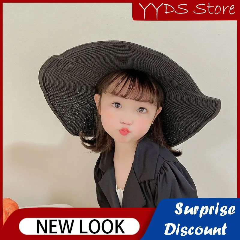 

Children's Straw Sun Hat Big Brim Foldable Black Beach Holiday French Seaside Sunshade Photo Hat Catwalk Paper Straw Hat