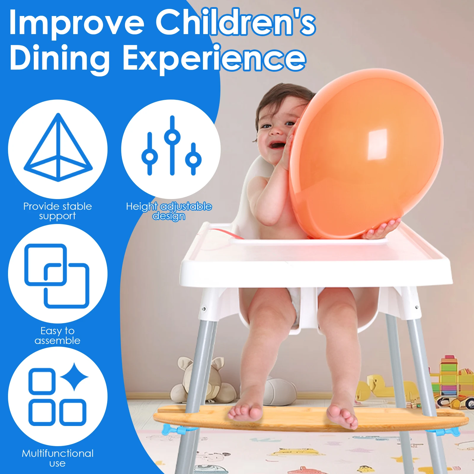 Baby High Chair Footrest Bamboo Wooden Height Adjustable Baby Highchairs Pedal with Rubber Rings Universal Highchair Accessory - 4