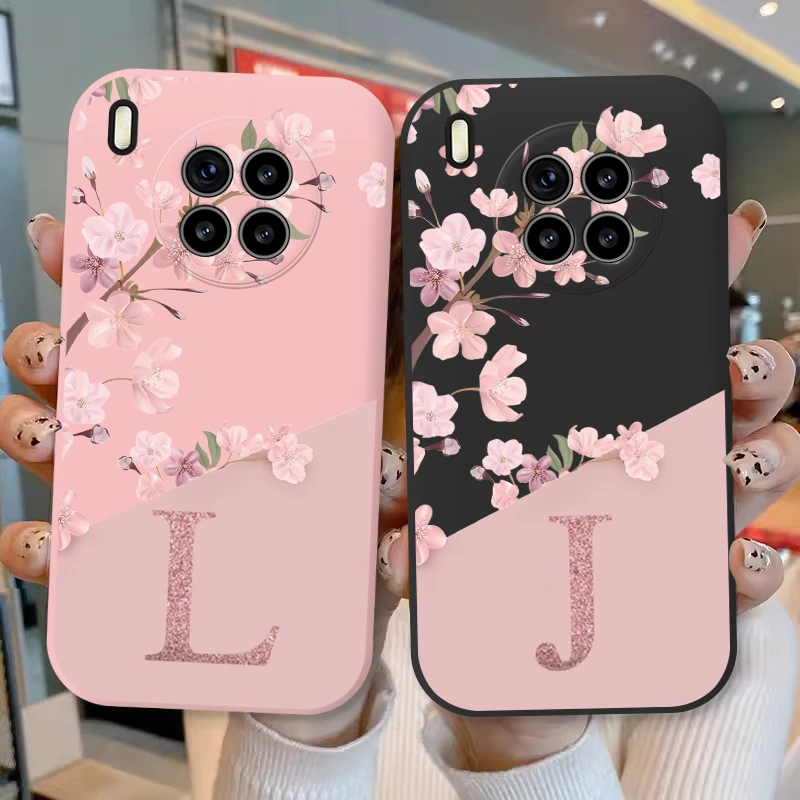 Elegant Retro Pink Flower Silicone Case - Soft TPU Back Cover with Initial Letter Design for Huawei Nova 8i / Honor 50 Lite