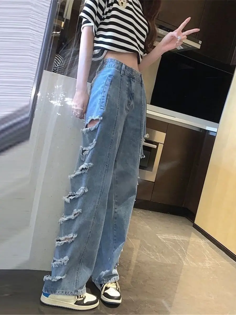 

Cool Solid Ripped Jeans Girl Pants Fashion Trousers Harajuku Straight High Street Denim Bagge Autumn Korean Summer Jeans Women