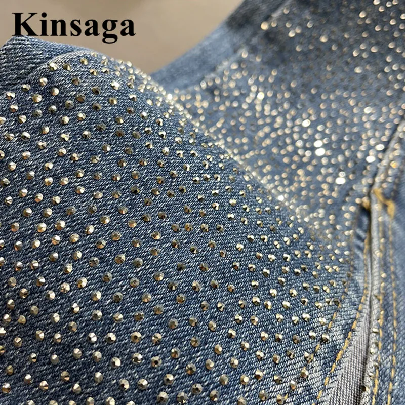 Aesthetic Striae Patchwork Boot Cut Women American Street Chic Rivets Hem Micro Flared Jeans High Wiast Wide Leg Demin Trousers