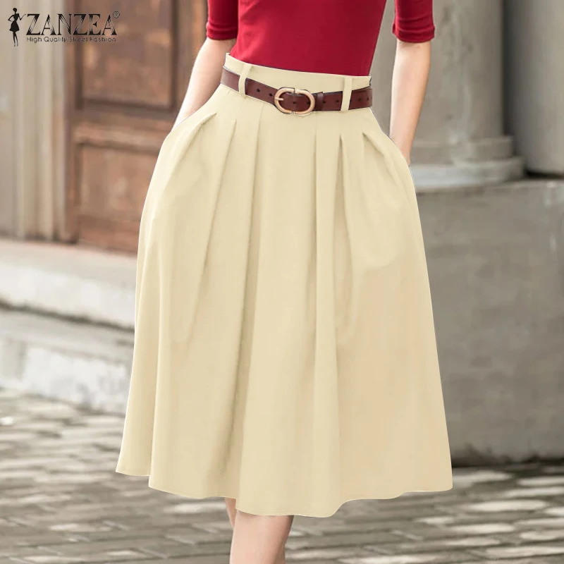 ZANZEA Summer Solid Midi Skirt Elegant Women High Waist Work OL Skirts Fashion A-line Jupes Stylish Party Faldas Saia Plus Size
