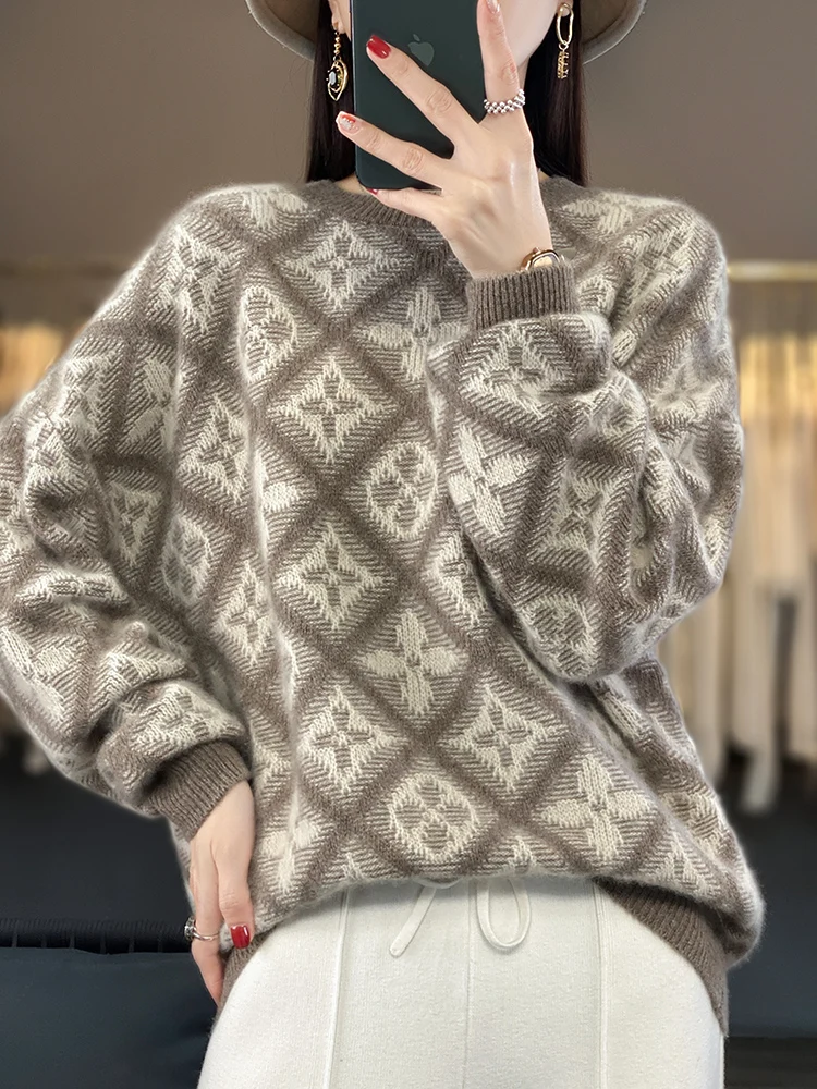 

Autumn and Winter New 100% Pure Woolen Sweater Women's Round Neck Diamond Block Fashion Jacquard Loose Pullover Knitwear