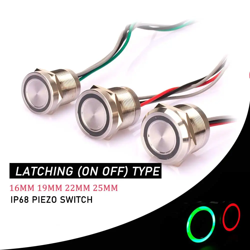 Interruptor Piezo Iluminado Ip68 Impermeável de Que Trava Fora 5v 12v 24v r & g 19 mm 22 mm 25 mm Aço Inoxidável 316