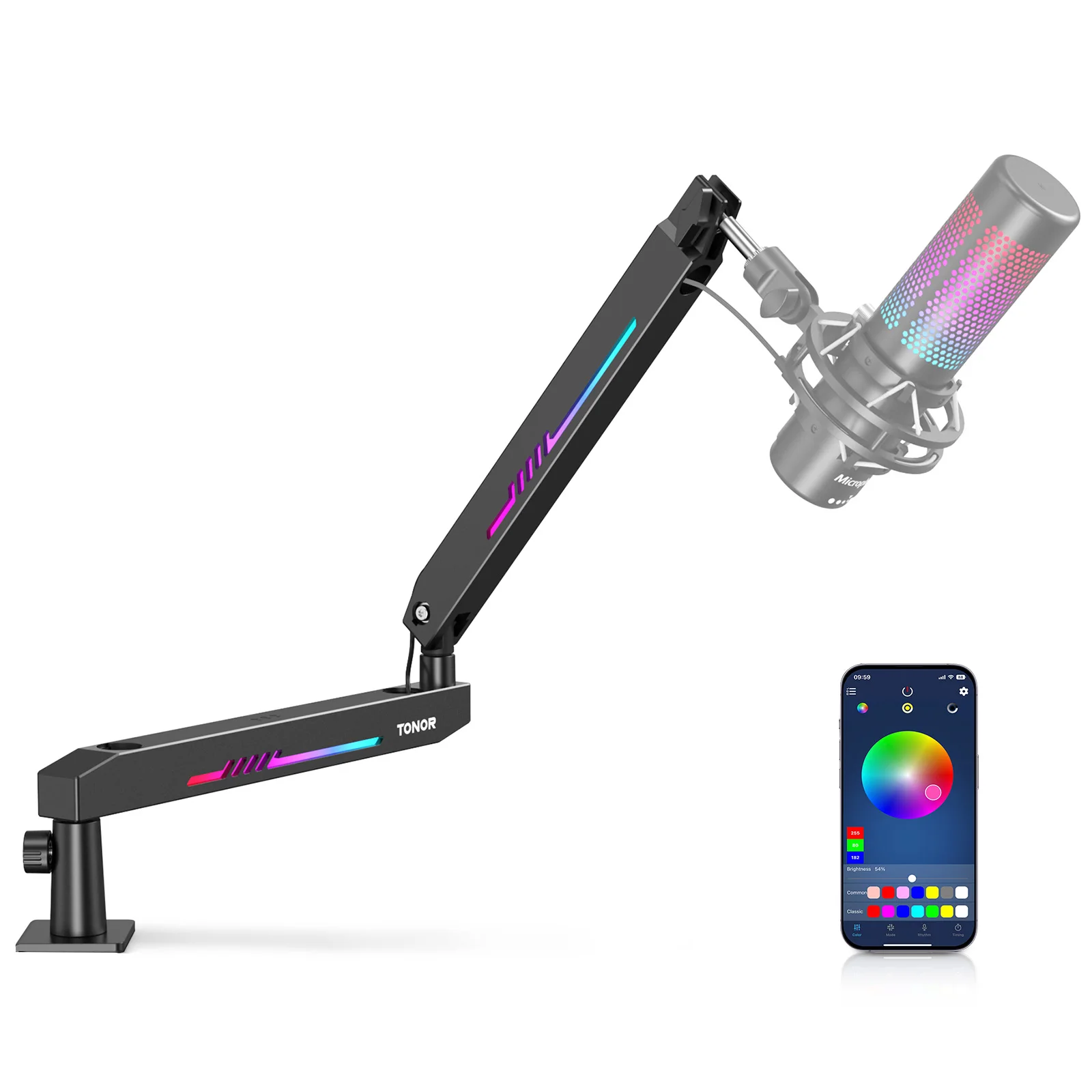 RGB Gaming Mic Arm with Controllable RGB Light and Cable Management
