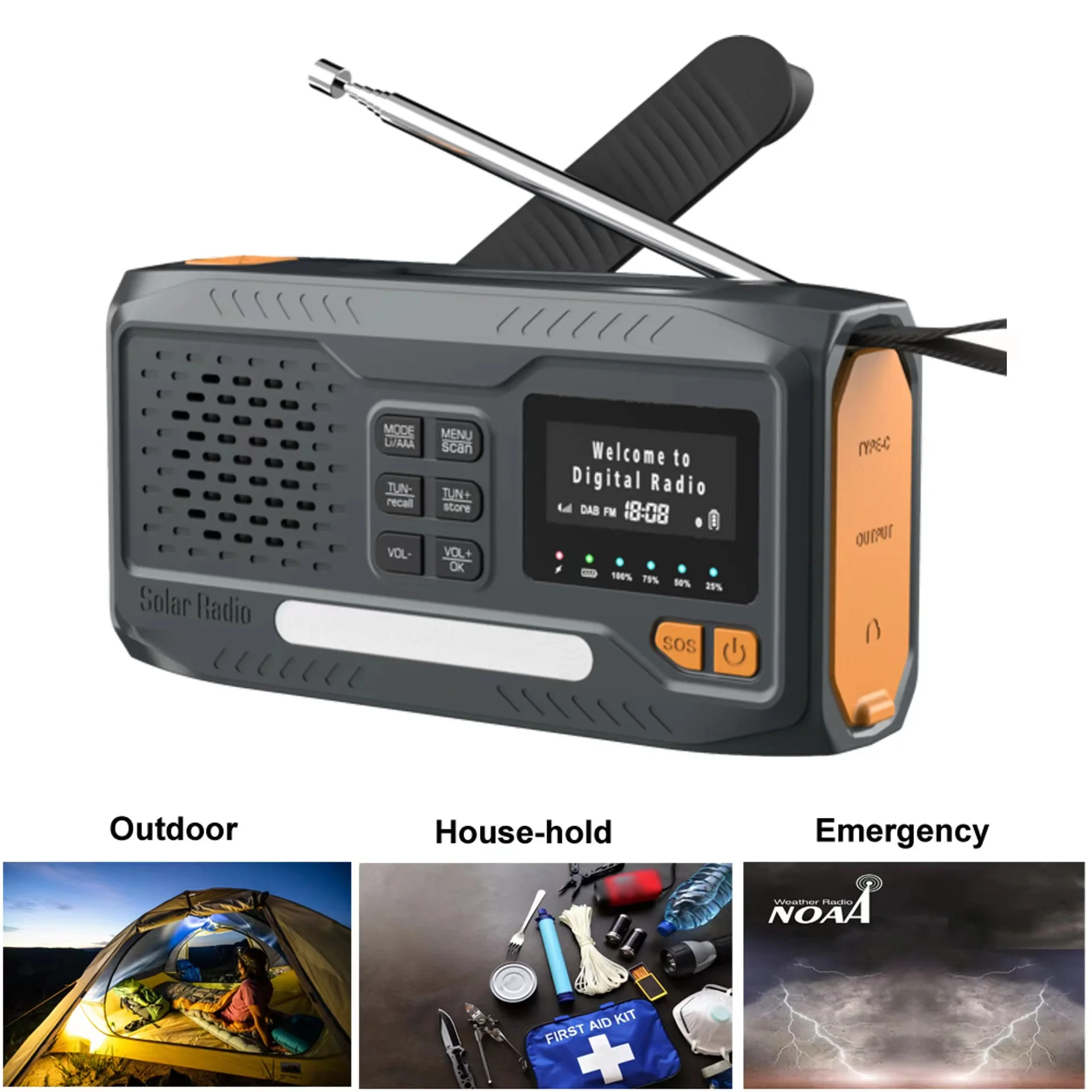 Radio Bluetooth Dab/Fm Ricevitore Radio Solare Portatile Radio Di Emergenza A Manovella Dinamo Radio Esterna Con Torcia A Led/Sos