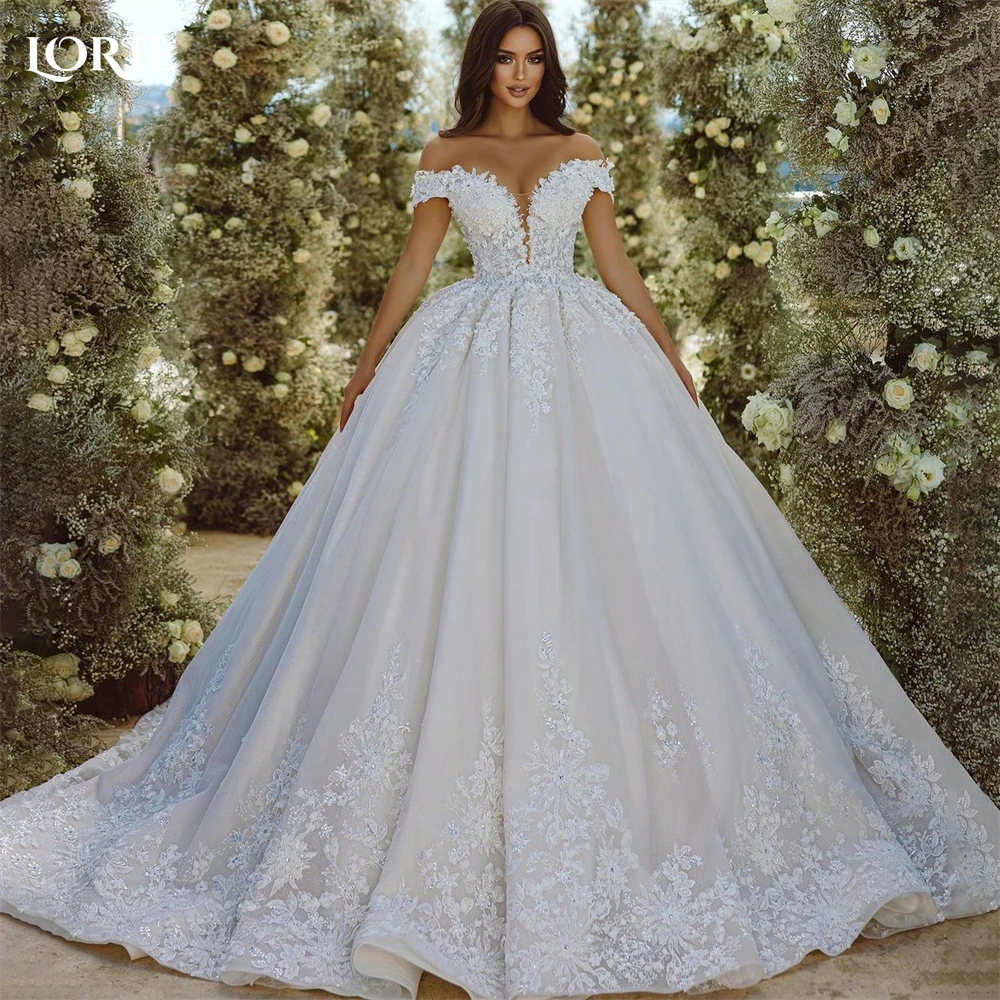 Wedding Dresses Vintage Glitter Lace Off Shoulder Applique A-Line V-Neck Backless