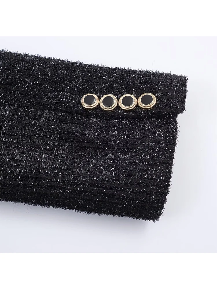 New Fashion Women Bright Silk Tweed Jacket Elegant Black Chic Double Breasted Long Blazer Spring Autumn OL Outerwears Top