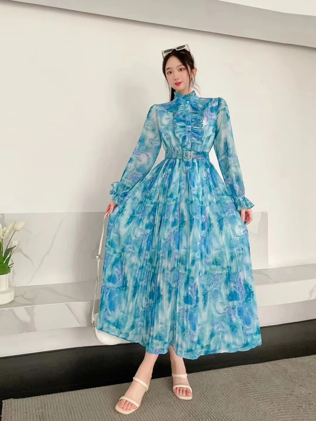 Muslim Turkey New Spring Women Long Sleeve Belt Slim Long Dress Sweet Ruffles Patchwork Pleated Big Hem Chiffon Floral Dress