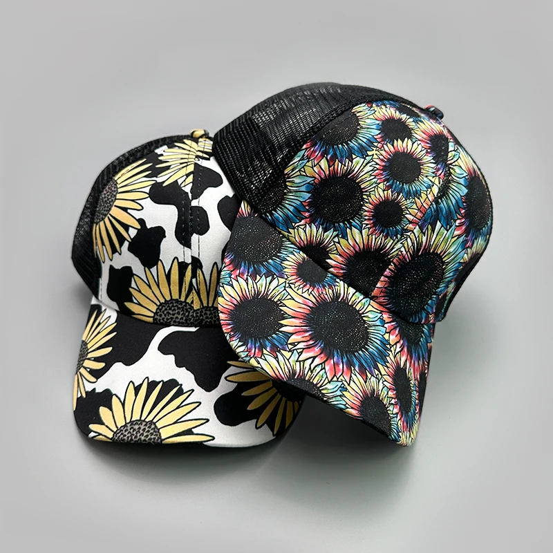 Women's Print Sunflower Chrysanthemum Baseball Hats Breathable Criss Cross Ponytail Sunshade Versatile Fashion Half Mesh Caps