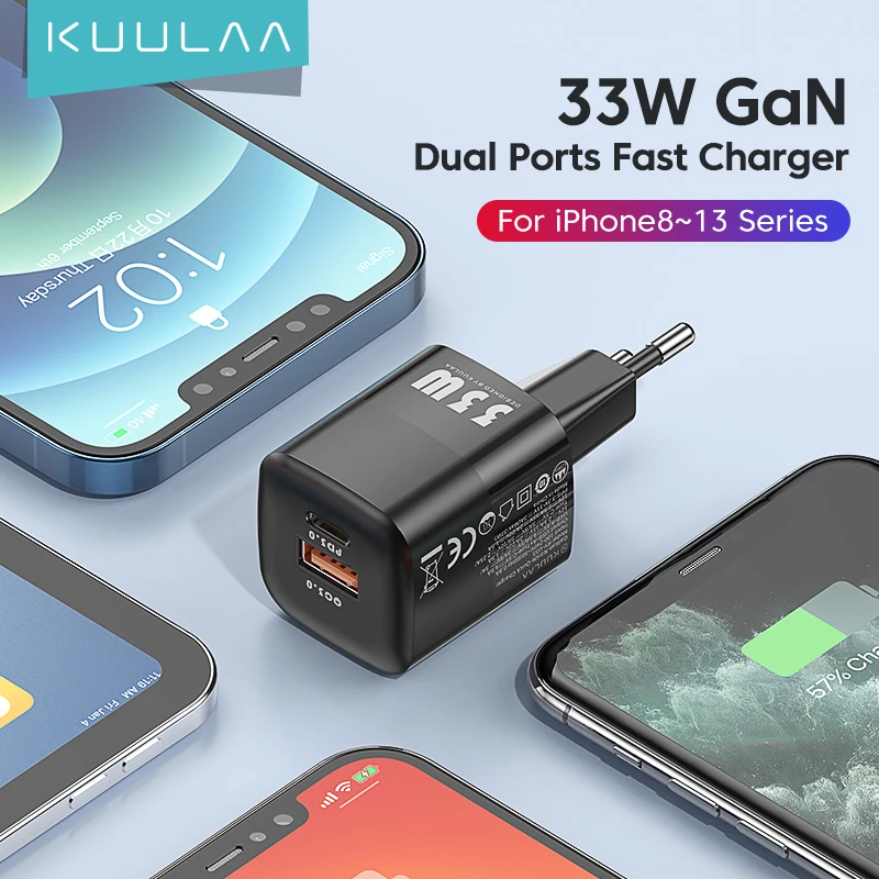 KUULAA 33W GaN Charger USB C Type C PD Portable Charger Fast Charging For iPhone13 12 11 Max Pro XS 8 Plus iPad Air 4 iPad Mini 65w charger usb c