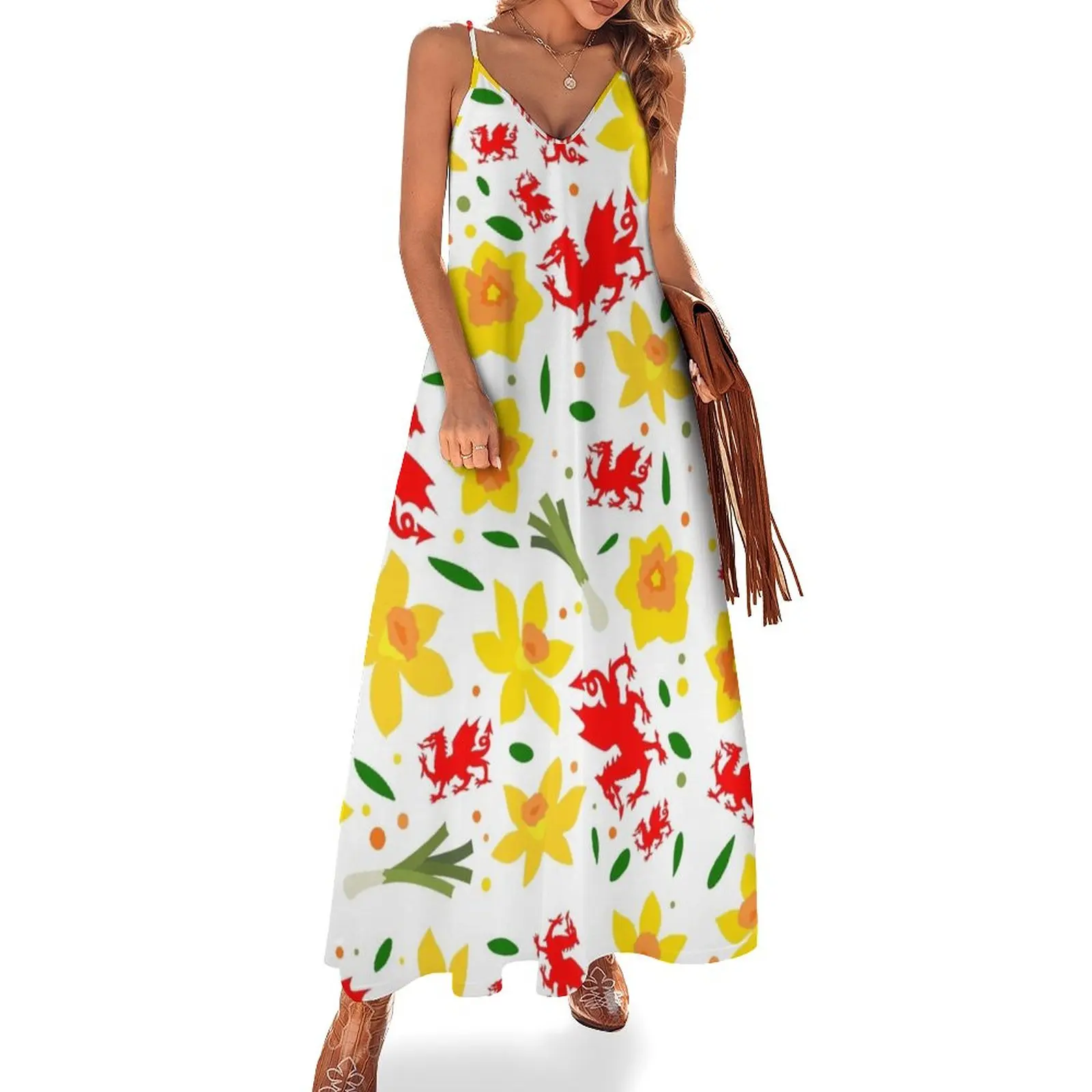 

New Wales Floral Pattern - Welsh Dragon, Daffodils and Leek Sleeveless Dress summer woman dress 2023 long sleeve dress