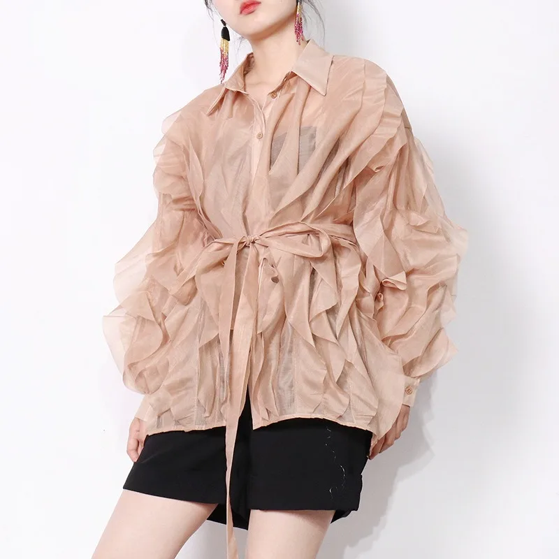 

Women Irregular Ruffles Mesh Patchwork Shirts Autumn Thin Lapel Tie Up Gauze Lotus Blouses Blusas Single Breasted Pleated Tops