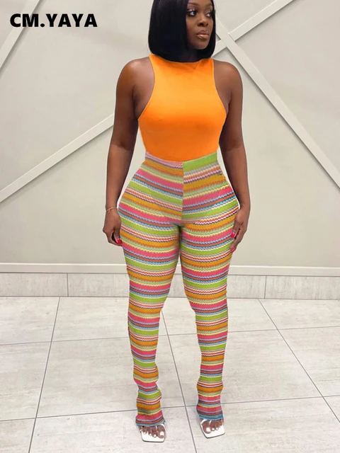 Cm.yaya Streetwear Rainbow Striped Knit Ribbed Ruched Flare Legging Pants  Ins Active Sport Stretch High Waist Stacked Trousers - Pants & Capris -  AliExpress