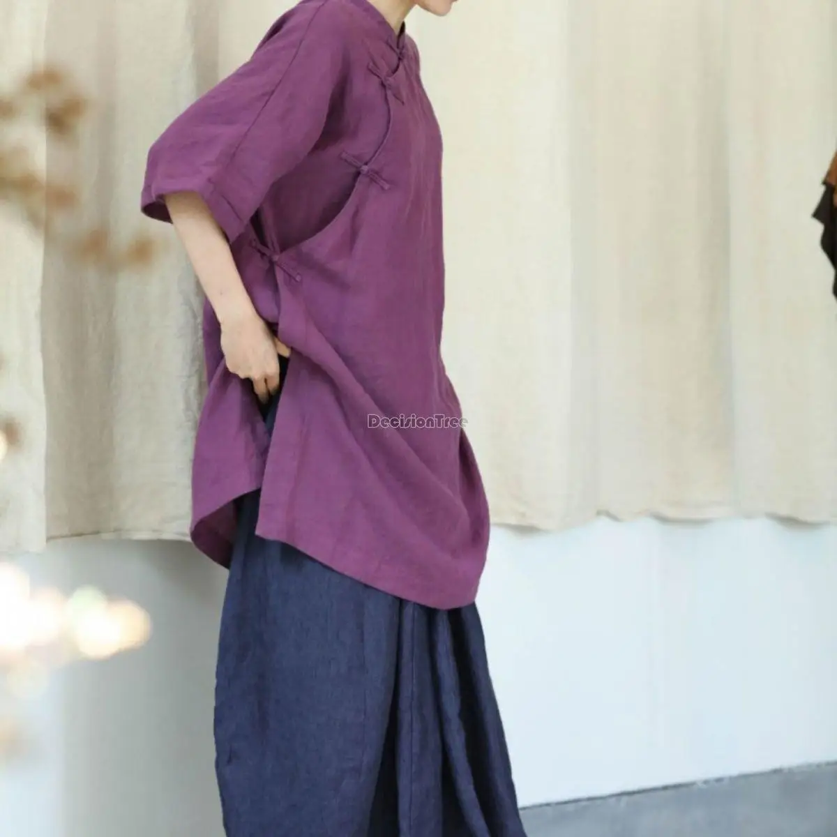 Cheongsam shirt women's summer loose chinese retro buckle stand up collar medium length comfortable chinese retro blouse