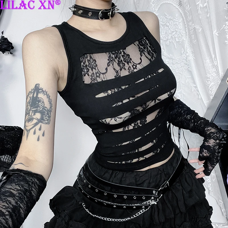 

Goth Black Floral Lace Mesh See Through Tank Top Y2K Sexy Cut Hollow Out Basic Summer Fashion Slim Corset Crop Tops Streetwear