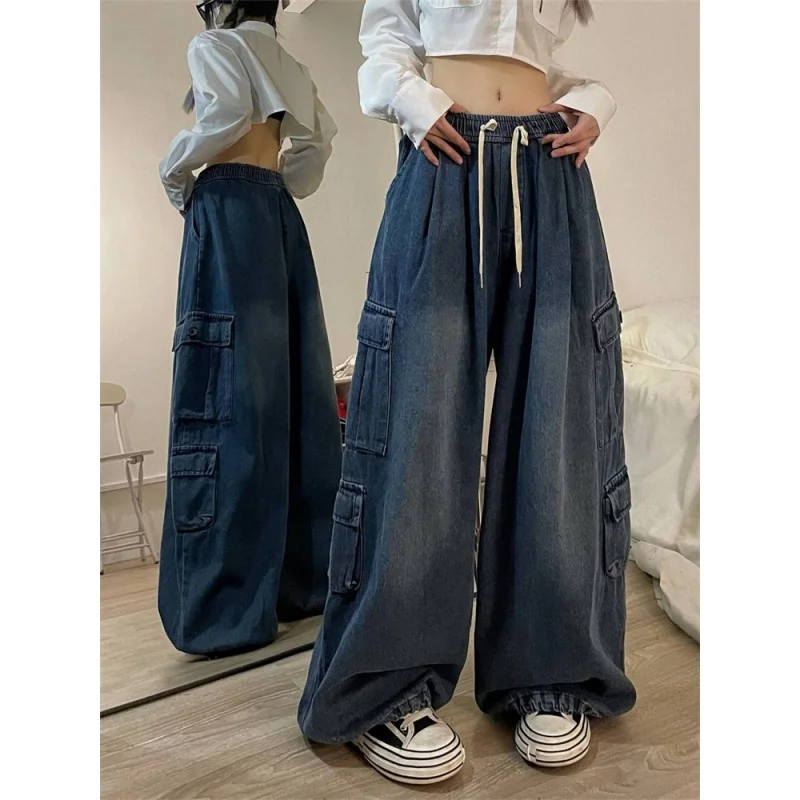 

Джинсы-карго женские в стиле ретро, винтажные голубые брюки-багги из денима в стиле хип-хоп, с карманами, в стиле оверсайз, в стиле 90-х