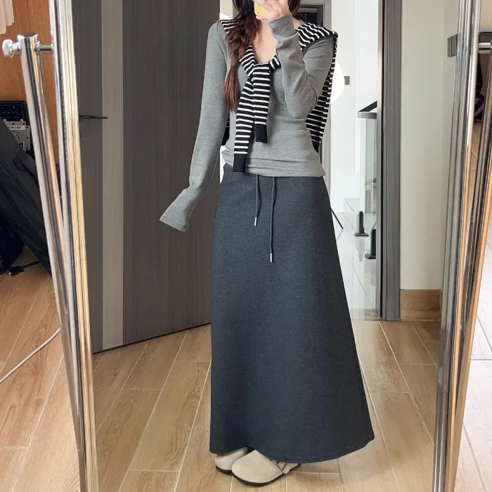 Dark Blue A- Line Midi Skirt Women's Spring Autumn New High Waist Slit Straight Tube Skirt Draping Sports Skirt