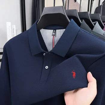 100% pure cotton autumn and winter men's fashion sports brand embroidered pony long sleeved POLO shirt business casual T-shirt 1