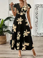 Plus Size 1XL-5XL Women's Fashion Elegant Plus Size Floral Maxi Dress Ladies Casual Short Sleeve Elegant Crew Neck Peplum Dress