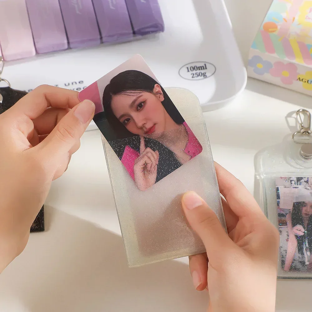 Glittery PVC 3inch Card Holders Student Campus Card Protect Cover 4pc Card Space With Keyring 4
