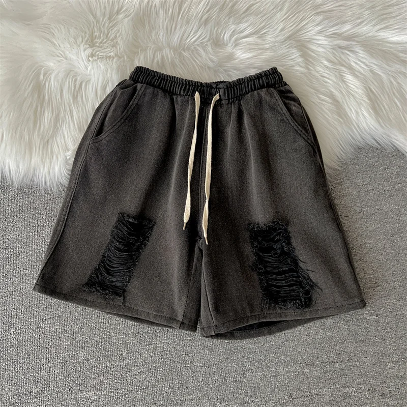 Baggy Vintage Summer Denim Shorts Men Ripped Straight Mid Rise Jeans for Men Drawstring Fashion Clothing Trend A187