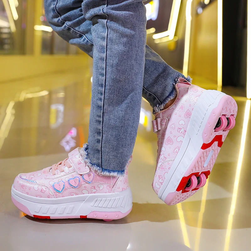 Girls Adjustable Roller Skates Shoes with Love Print Children