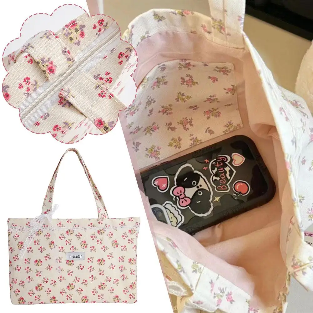 New Korean Large Capacity Floral Canvas Tote Bag Mori Floral Shoulder Bag Unique Design For Women Casual Outfit Model I8F0