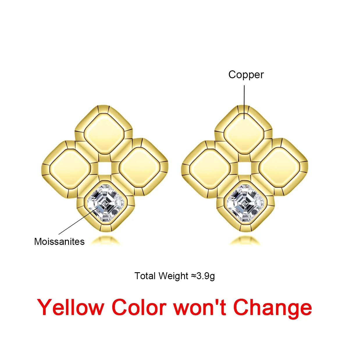 AnuJewel Asscher Cut Moissanite Stud Earrings Yellow Gold Plated Moissanite Earrings For Women Gold Stud Earrings