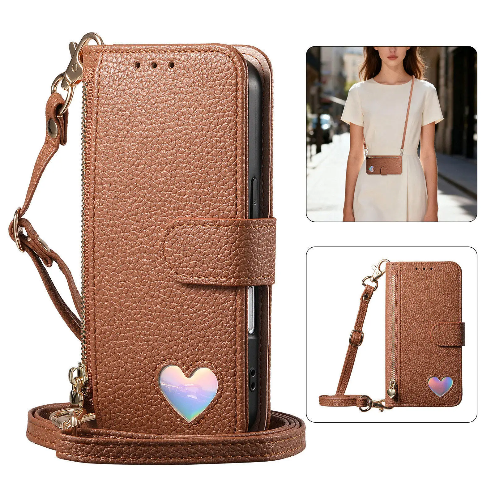 Crossbody Leather Shoulder Zip Wallet Case with Card Slots and Handy Strap