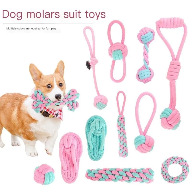 

12PCS Cat Toys New Pet Supplies Pink and Blue Pet Cotton Rope Knot Toy Set Bite Resistant Teething Dog Toys Pet Toys