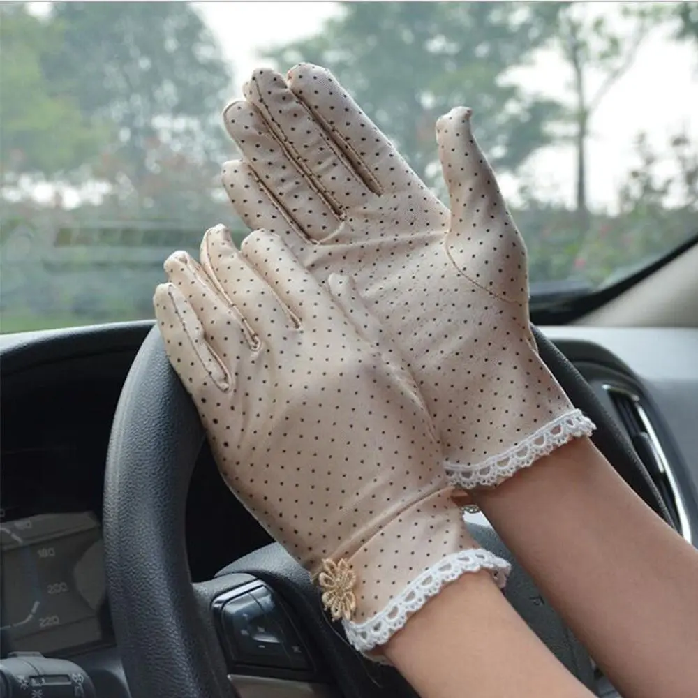 

Тонкие весенние Нескользящие кружевные перчатки для вождения с защитой от УФ-излучения из спандекса, перчатки в горошек, солнцезащитные женские перчатки, 1 пара