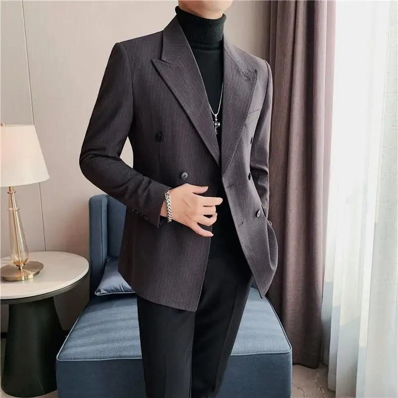Men Suits Jackets Classic Luxury Striped Men Suit Jacket Fashion Double Breasted Business Office Wedding Tuxedos Male Slim Fit Blazer