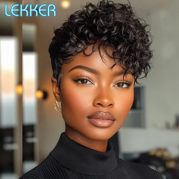 Lekker Short Pixie Cut Curly Side Part Lace 100% Human Hair Wigs For Women Glueless Brazilian Remy Hair Wear Go Daily Bob Wigs