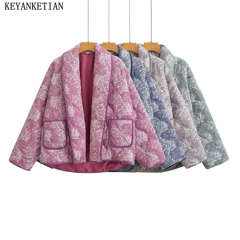 

KEYANKETIAN Autumn/Winter New Floral printing Women's Vintage Short Padded Jacket Parkas Pockets Quilting Thick Warm Outerwear