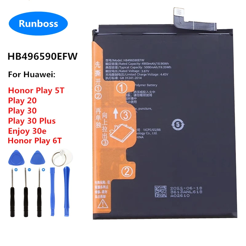

Original HB496590EFW 5000mAh Battery For Huawei Honor 7X,Honor Play 5T,6T, 6C,Play 20,30,30 Plus Enjoy 30e 30M KOZ-AL40 NZA-AL00