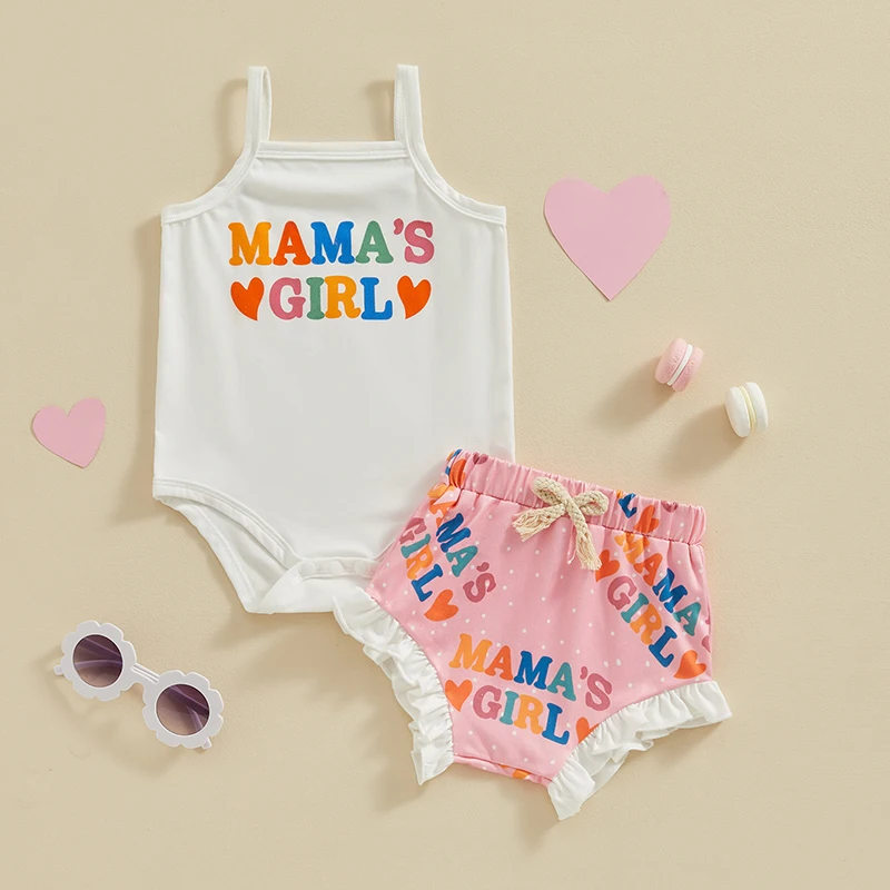 

Infant Baby Girls Summer Outfits Mamas Girl Heart Letter Spaghetti Strap Romper Ruffle Bloomers Shorts Clothes Set