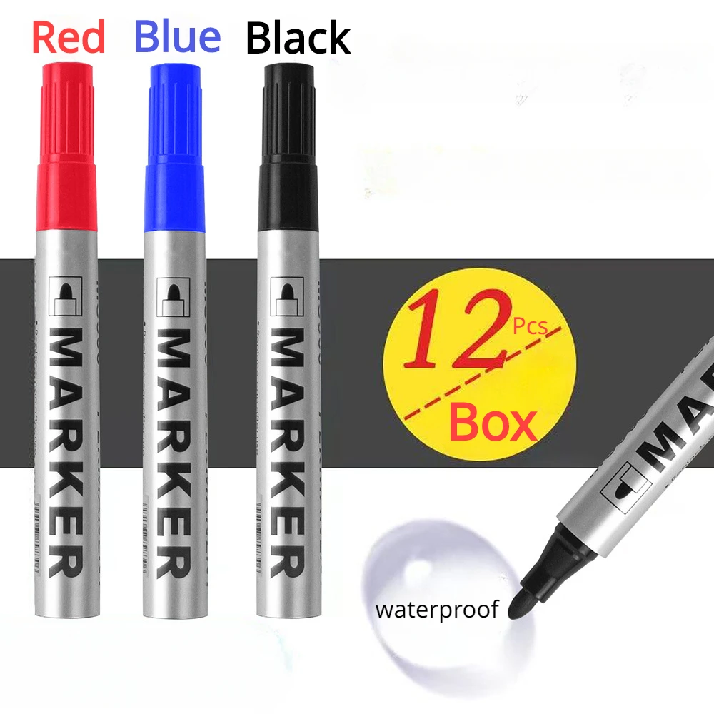Permanent Marker 3/6/12Pcs/Set Permanent Art Marker Pen Fine Point Waterproof Ink ThinCrude Black Blue Red Ink 2mm Fine Color Marker Pens