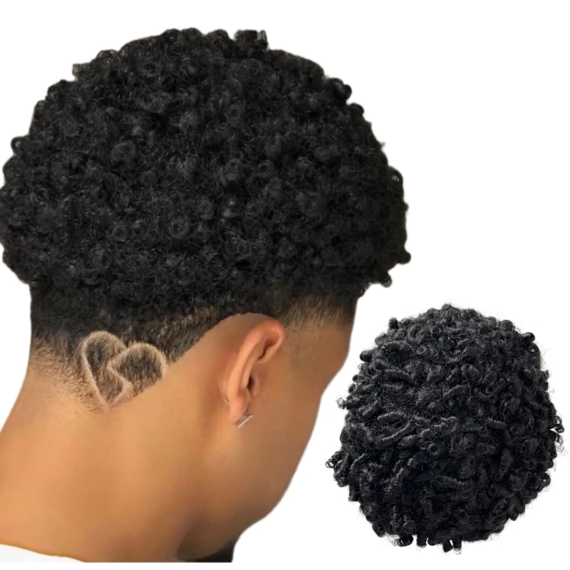 Mongolian Virgin Human Hair Hairpieces #1 Jet Black 15mm Afro Curl Toupee 8x10 Full Lace Unit for Black Men