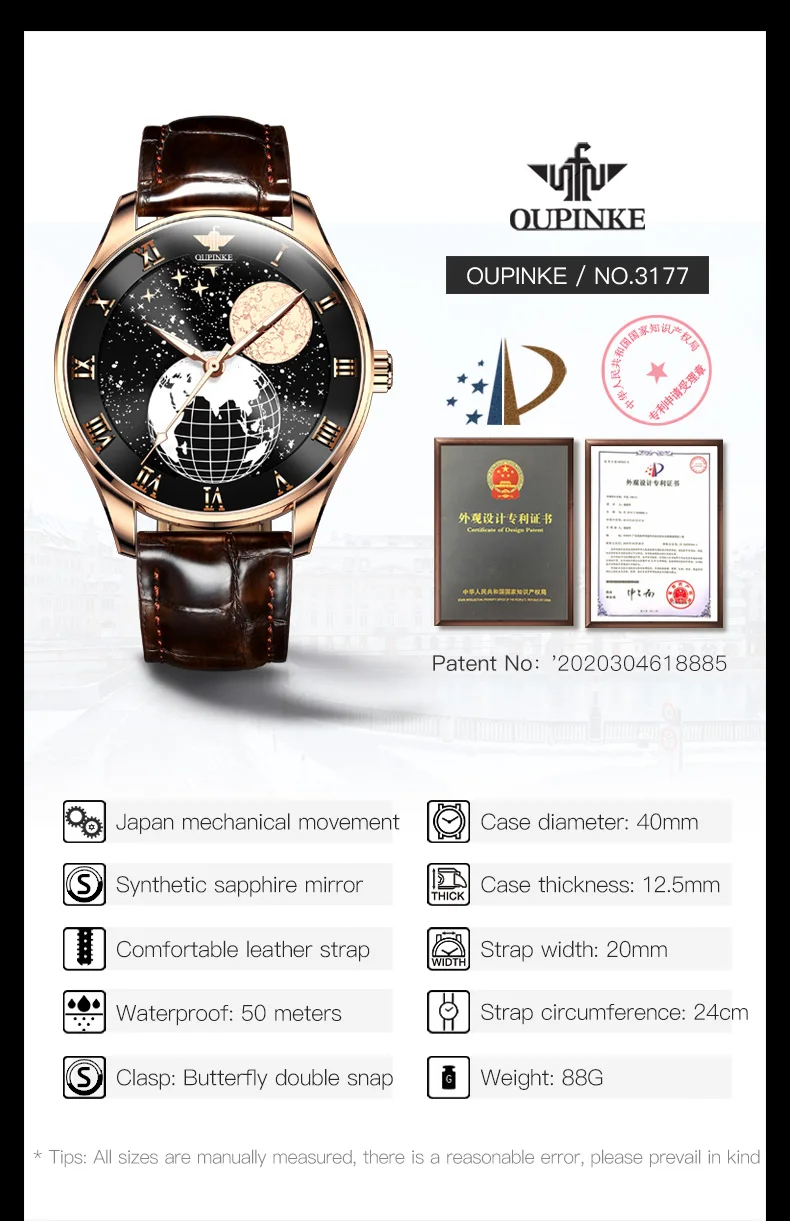 OUPINKE 3177 Man Automatic Watch Luxury Classic Synthetic Sapphire Mirror Mechancial Watch For Men Deep Waterproof Wristwatch