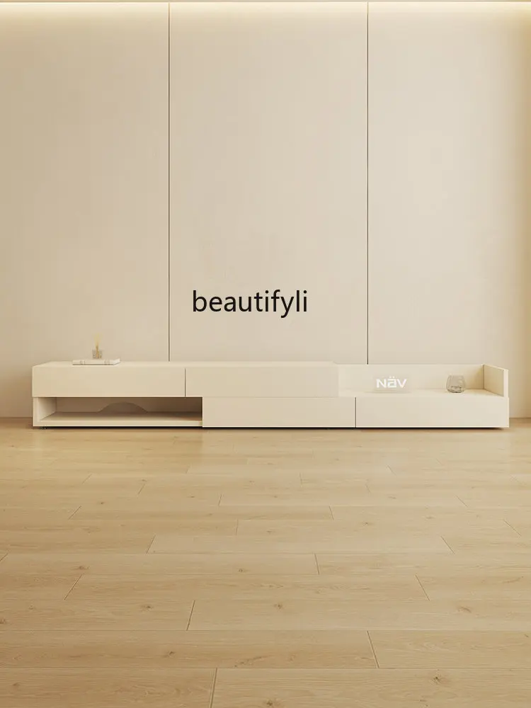 

Cream Style TV Cabinet Light Luxury Small Apartment Living Room Retractable Floor Cabinet Italian Minimalist Furniture