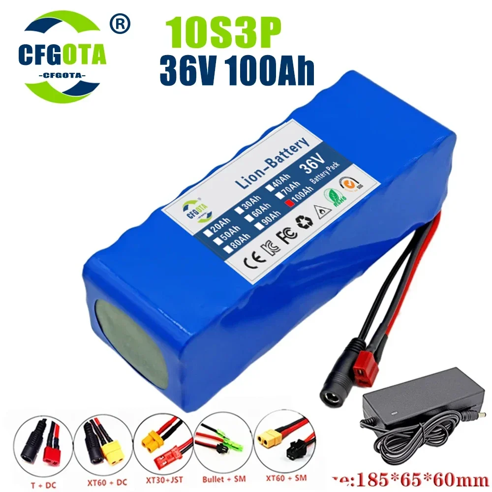 電動自転車バッテリーパック36v-100ah-18650-ah10s3p100000mah15a-bms250w-500wスクーター42v2a充電器