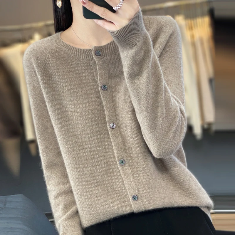 여성용 메리노 울 가디건, 캐주얼 뜨게 패션, O넥 캐시미어 스웨터, 가을 및 겨울, 100% 신상