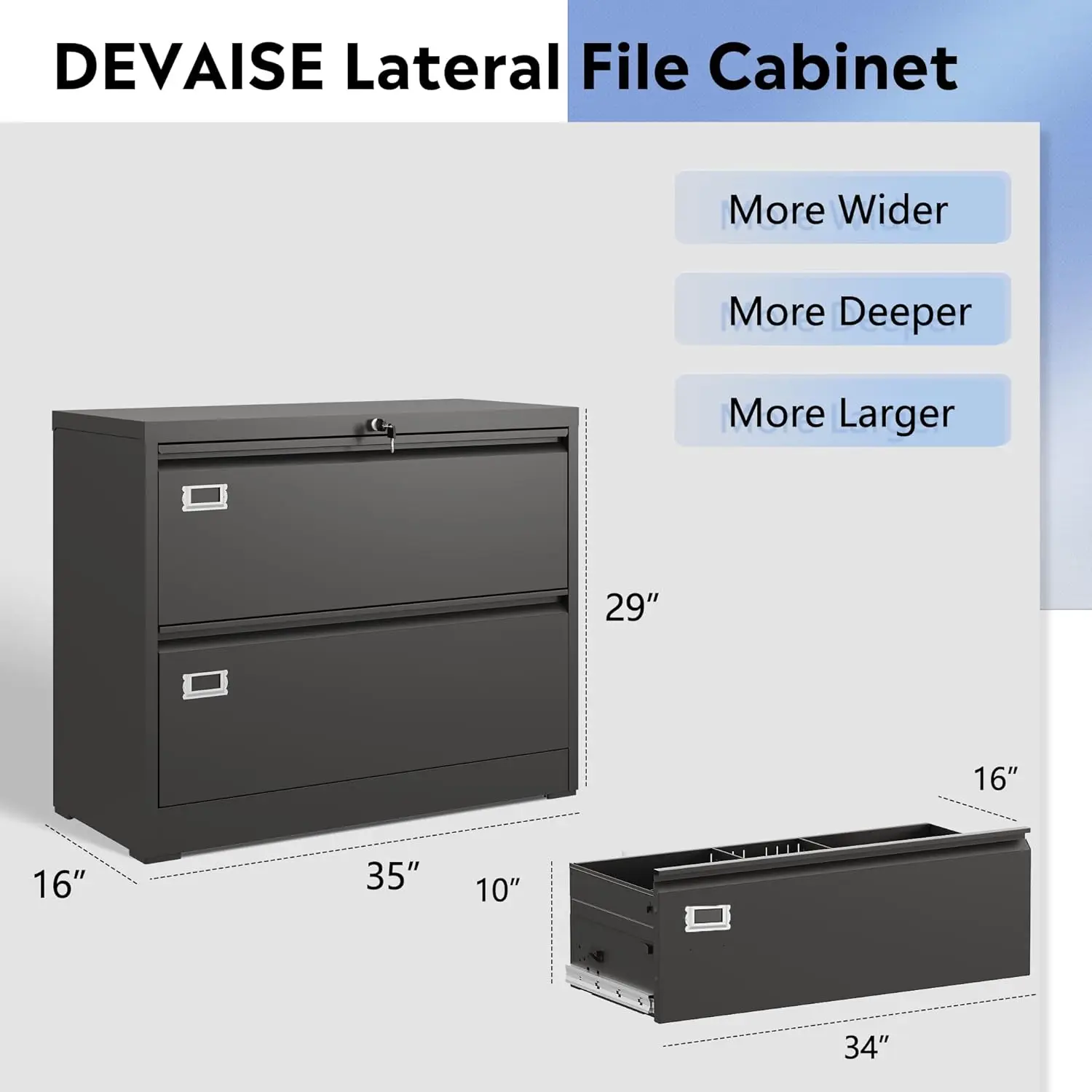 Metal Lateral File Cabinet with Lock, 2 Drawer Filing Cabinets for Home Office, Wide Storage Organization