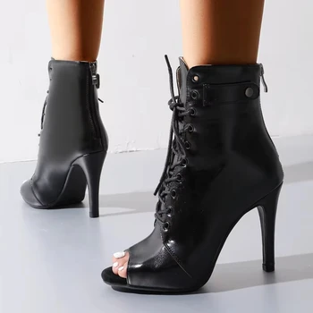 Ready Stock Lace-up fish mouth sandals for women summer thin heels hollow short boots for Stilettos Jazz Dance Women's shoes