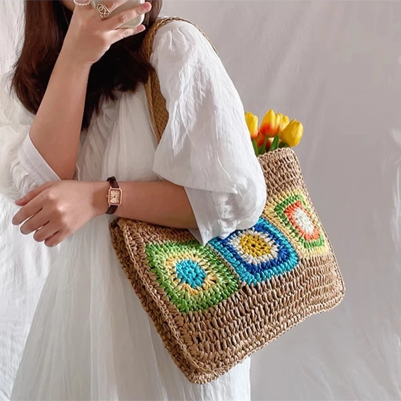Retro Pastoral Style Straw Bag Summer Woven Bag Large Capacity Shoulder Bag Holiday Wind Beach Bags