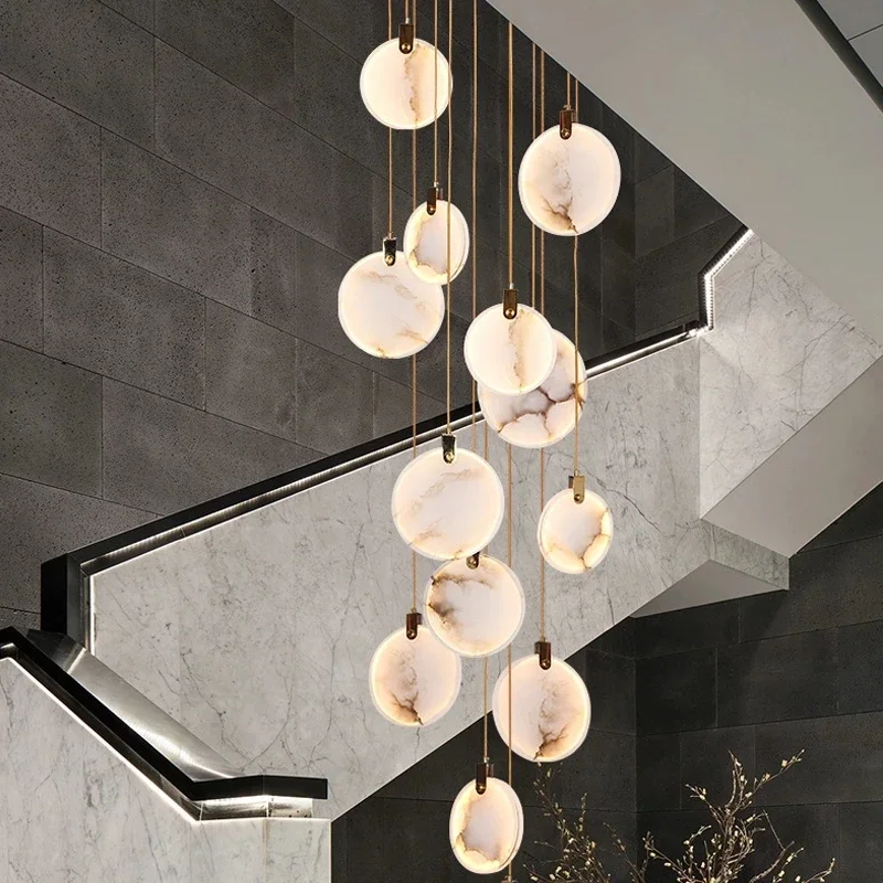 

Luxury copper Staircase Marble Pendant Light Modern Long Hanging Chandeliers Living Room Villa Lobby Home Decoration Stone Lamps