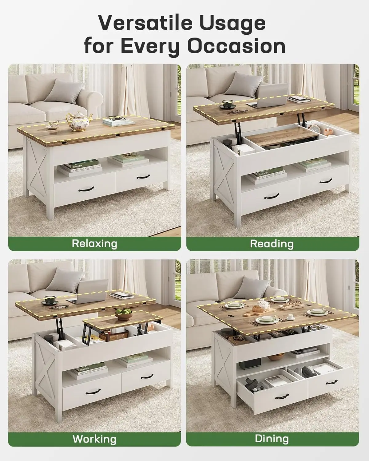 40" Lift Top Coffee Table, 4 in 1 Coffee Table with Hidden Compartment, Multifunctional Farmhouse Center Tables